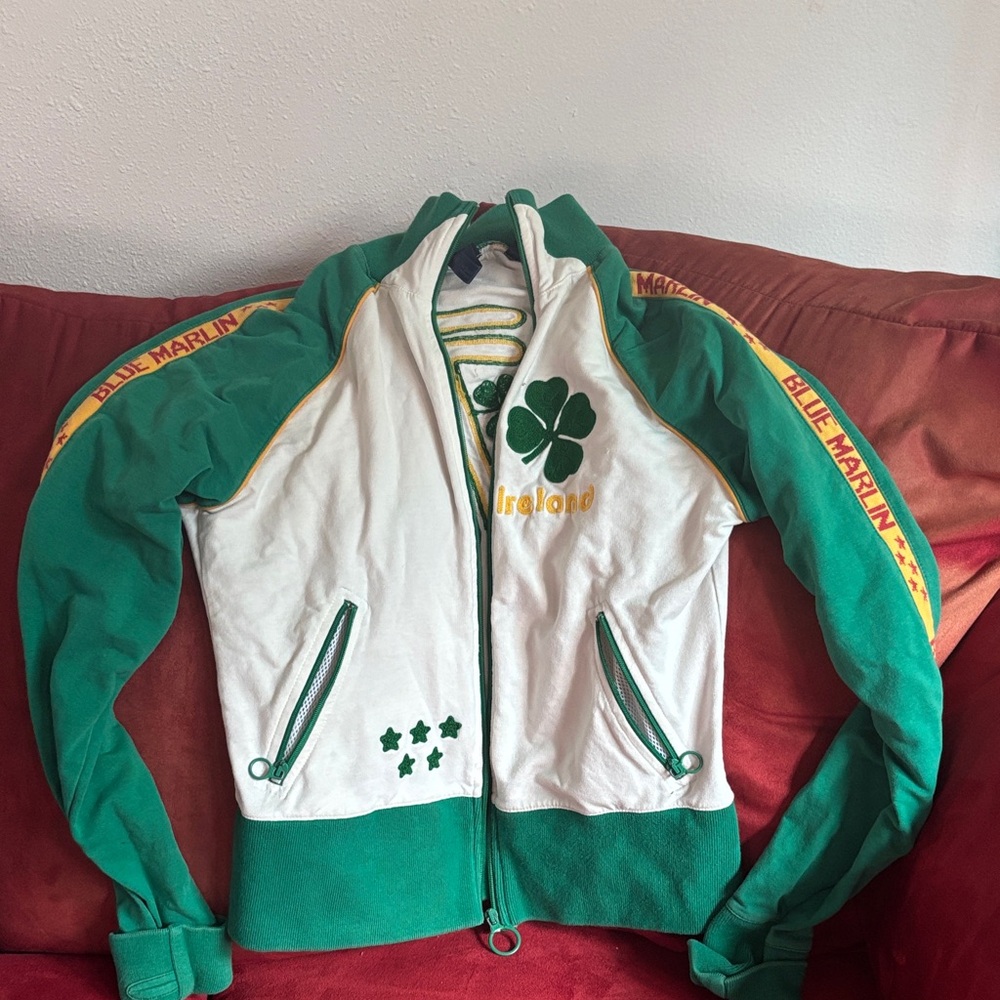 Vintage blue marlin Green and White Track Jacket with Shamrock